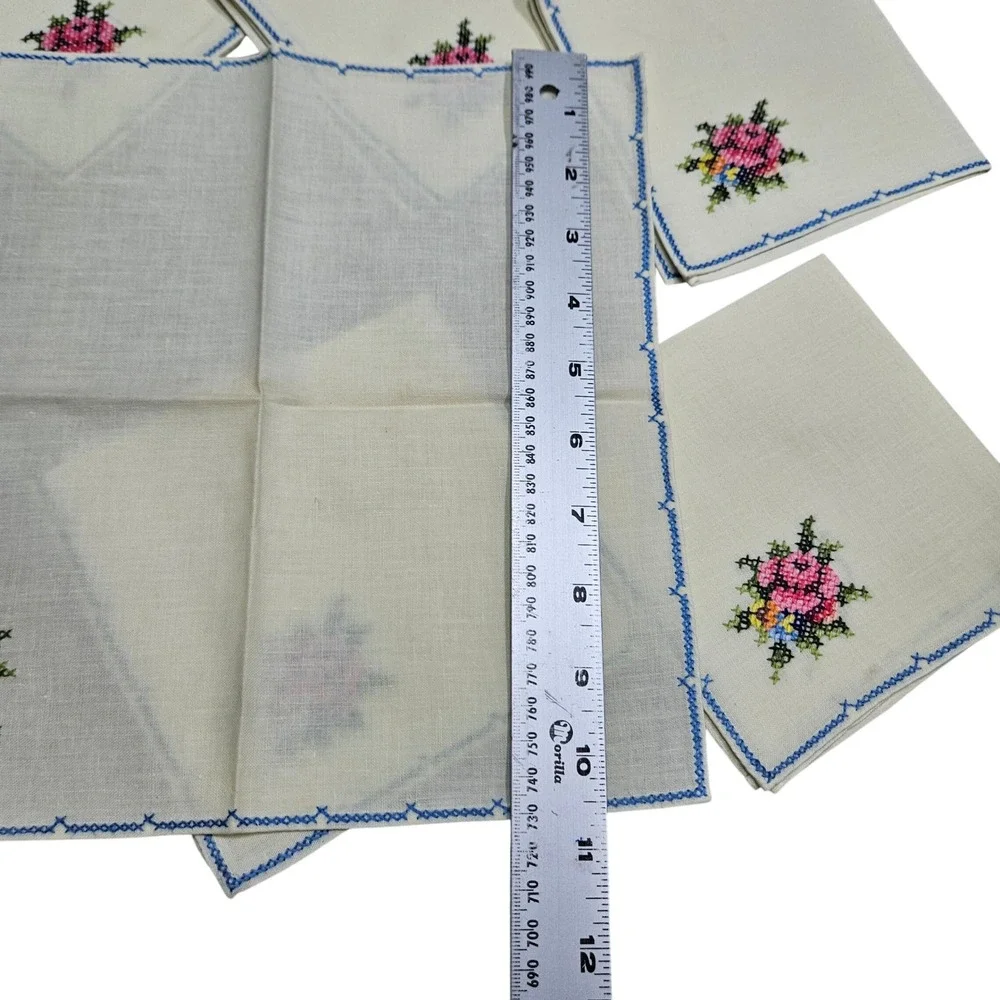 Vintage Set of 6 Embroidered Cocktail Napkins Floral Pink‎ Blue Cross Stitch
